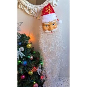 Vintage Hanging Santa Head Decoration Long Tinsel Beard Retro Christmas Wall